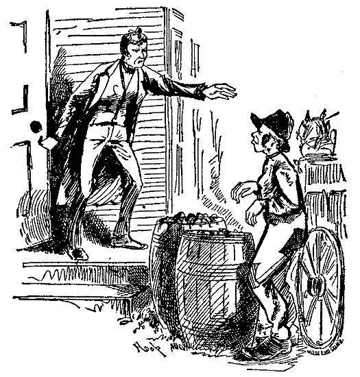 A man yells at a drayman from a house.