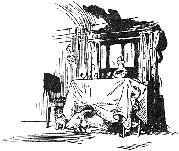 Just then the craft gave a lurch which sent the folds of the tablecloth swinging out so that it disclosed Billy hiding underneath.