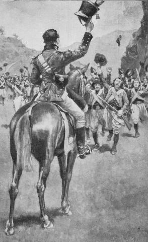 Illustration: The men leapt to their feet, cheering vociferously.