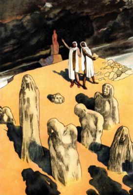 DEUCALION AND PYRRHA CASTING THE BONES OF THEIR MOTHER BEHIND THEM Deucalion and Pyrrha stand in a desolate landscape, under a dark sky, an
altar on the hill top behind them. Human figures rise from the ground in front
of them.