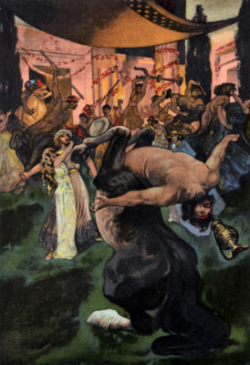 THE CENTAUR FELL BACKWARD Men and centaurs fight one another, while a centaur in the foreground
falls backward, having been hit on the head by a thrown jug.
