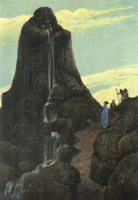 NIOBE WEEPING FOR HER CHILDREN A group of three people look up at Niobe, turned to stone, her tears
forming waterfalls running down the hillside.