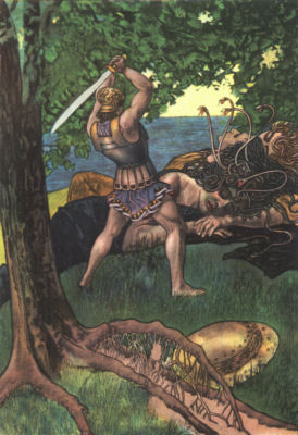 PERSEUS SLAYING THE MEDUSA Perseus, sword raised, prepares to cut off the head of the sleeping
Medusa. Snakes in her hair rear up, while her two sister sleep beside her.