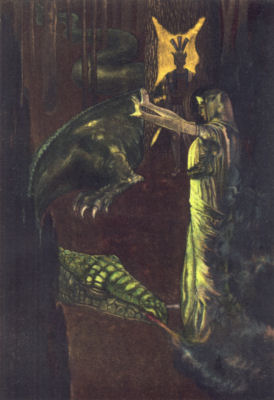 THE DRAGON FELL AT FULL LENGTH UPON THE GROUND Medea, arms outstretched, stands over the prone dragon. Jason waits
in front of a tree, the golden fleece hanging from its trunk.