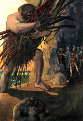 THE ONE-EYED POLYPHEMUS The huge cyclops enters his cave carrying an enormous bundle of wood,
while Ulysses and his comrades stand inside the cave in the gloom.