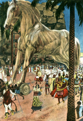 THE TROJAN HORSE The people of Troy watch and celebrate as the enormous wooden horse
is dragged back to their city.