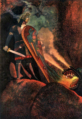 BEOWULF FACE TO FACE WITH THE FIRE-BREATHING DRAGON Armed with sword and shield, Beowulf prepares to fight the dragon
in its cave.