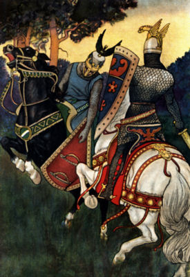 SIEGFRIED CAME OFF VICTOR IN EVERY ENCOUNTER Two armed and armoured knights, one riding a black horse, the other
a white, fight one another.