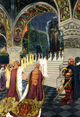 FRITHIOF AND INGEBORG IN THE TEMPLE OF BALDER Frithiof and Ingeborg, dressed in sumptuous clothing, stand with other
people at the foot of the steps in the ornately decorated temple. Women dance
on the steps, and in the centre stands another person, arms raised, and
wearing robes.