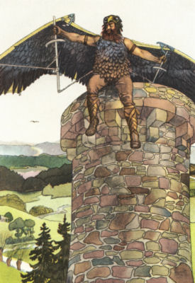 WAYLAND THE SMITH, WEARING THE WINGS HE HAD FASHIONED Wayland, wearing his feather shirt, wings outstretched, launches
himself from the top of a tower.