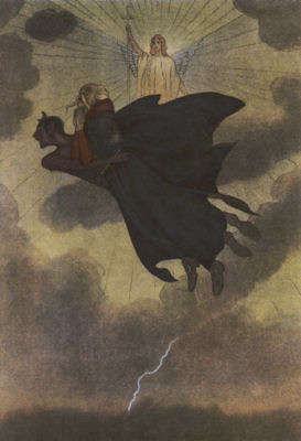 TWARDOWSKI IN THE ARMS OF THE EVIL ONE Under a dark sky split by lightning, the devil carries off Twardowski.
An angelic figure stands in the heavens in the background, holding a sword.