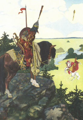 ZIDOVIN THREW THE IRON CLUB INTO THE AIR AND CAUGHT IT WITH ONE
HAND A man on a horse watches as another rider, in the field below, throws
an enormous club into the air.