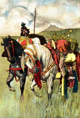 THEY GAGGED MARKO AND BOUND HIM TO HIS HORSE A man is bound and tied upside down on the back of a white horse, which
is being led by another rider.