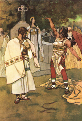 LIBUSCHA INSULTED BY CHRUDIS A woman dressed in white robes stands, surrounded by other people.
Two men stand in front of her. One, his cloak thrown to the ground, gestures
at the woman.