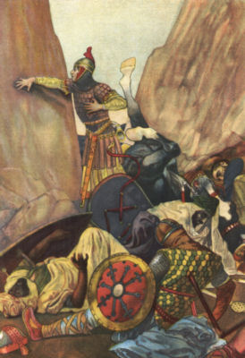 ROLAND'S OWN DEATH WAS VERY NEAR An armoured man, surrounded by the bodies of men and horses, leans
against a wall of rock clutching a wound in his chest.
