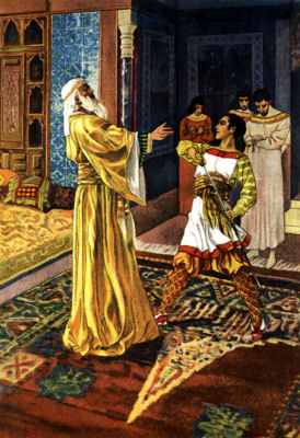 THE YOUTHFUL CID AVENGING THE DEATH OF HIS FATHER In a richly decorated room, a young man draws his sword to confront an
older man, while three others look on.