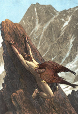 PROMETHEUS PUNISHED FOR HIS GIFT TO MAN Prometheus is shackled to an outcrop of rock. An eagle is perched on him,
pecking at his flesh.