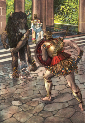 THE HERO APPROACHED THE DREADFUL MONSTER Hercules, armoured and carrying sword and shield, faces the Minotaur,
a muscled man with the head of a bull.