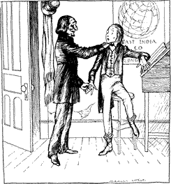 “A MERRY CHRISTMAS, BOB!” Scrooge shaking hands with Bob by his desk in the office.