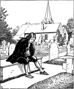 THE COUNTRY CHURCHYARD A man sitting on a bench beside a grave in a churchyard.
