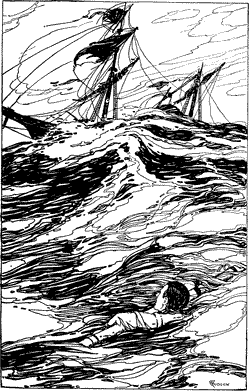 I FOUND I WAS HOLDING TO A SPAR A man holding a spar in high seas with the ship sinking in the background.