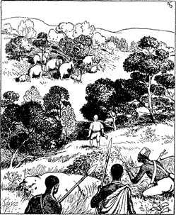 WITH BEATING HEART I APPROACHED A VIEW A man descending a hill, approaching a herd of elephants.