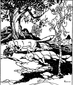 “THE SLEEPING FOX CATCHES NO POULTRY” A fox carrying a chicken passing behind a fox sleeping under a tree.