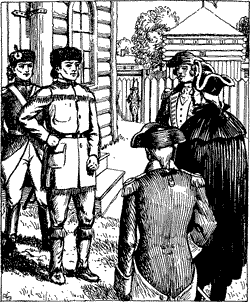 WE MET AT THE CHURCH Three men in uniform approaching a man in buckskins and a man in uniform in front of a church.