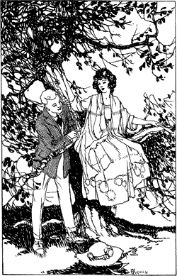 “IN KATE, HOWEVER, I HAD A FIRM FRIEND” A young woman seated on a low branch of a tree, with a young man leaning in to talk to her.