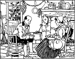 FAITH, I WISH YOU’D TAKE ME! A man and a woman seated in a kitchen with open hearth.