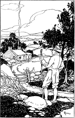 HE SOON SEES A FARMHOUSE AT A LITTLE DISTANCE A man with a staff approaching a small farmhouse.