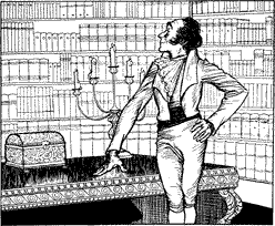 THE SQUIRE’S LIBRARY A man standing in front of a table in his library.