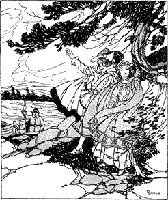 “BOATMAN, DO NOT TARRY!” A man and a woman, under a tree, bidding farewell to the boatman.