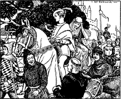 THRONG GOING TO THE LISTS Man and woman on horseback, making their way through a crowd.