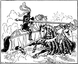 DISINHERITED KNIGHT UNHORSES BRIAN A knight being unhorsed in a joust.