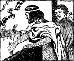 PRINCE JOHN THROWS DOWN THE TRUNCHEON Two men in the viewing stands of the joust.
