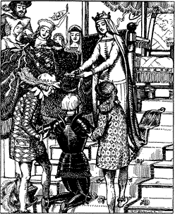 ROWENA CROWNING DISINHERITED KNIGHT A woman placing a crown on the head of a knight, while a crowd looks on.