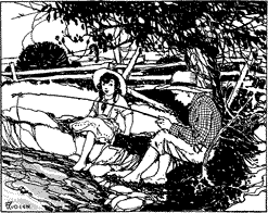 SHE REACHES DOWN TO DIP HER TOE A girl and a boy with a fishing pole, sitting on the bank of a stream.
