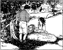 POOR TRAY IS DEAD A girl hanging a wreath on the headstone of a grave, while a boy stands watching.