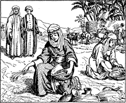 RUTH GLEANING Two women gleaning, with two men watching.