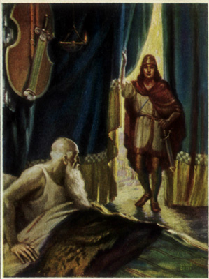 Sohrab and Peran-Wisa A young man entering a tent with an old man lying in the bed.