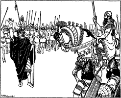PERAN-WISA GIVES SOHRAB’S CHALLENGE A mounted man facing a standing man, with the army at his back.