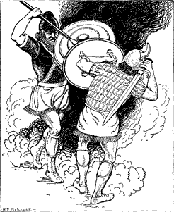 THE SPEAR RENT THE TOUGH PLATES A man with a sword defending himself from the attack of a man with a spear.