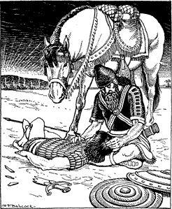 RUSTUM SORROWS OVER SOHRAB A man seated with the head of the fallen man in his lap and his horse looking on.