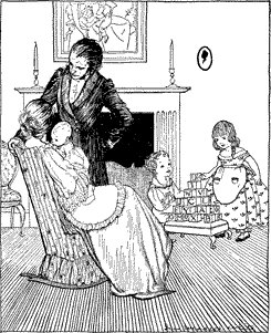 THERE’S NO PLACE LIKE HOME A woman holding a baby, seated in a rocking chair with her husband at her side and two girls playing behind.