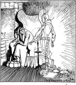 “IN LIFE I WAS YOUR PARTNER, JACOB MARLEY” Scrooge, seated in an armchair, confronts Marley’s ghost.