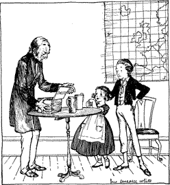 IN THE BEST PARLOR Young Scrooge and his sister receiving sweets from the schoolmaster.