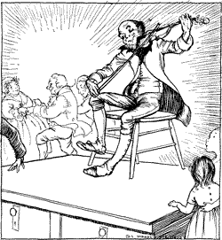 THE FIDDLER STRUCK UP “SIR ROGER DE COVERLEY” A fiddler seated on a table, playing, with people dancing in the background.