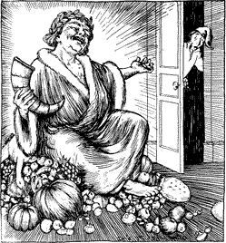 UPON THIS COUCH THERE SAT A JOLLY GIANT A giant, holding a cornucopia and seated on a pile of fruits and vegetables.