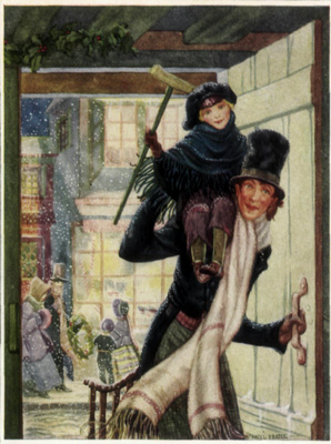 Bob, carrying Tiny Tim on his shoulder, entering the house. Bob and Tiny Tim